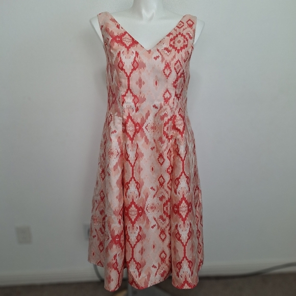 Adrianna Papell Pink White Cocktail Tea Length Aztec Jacquard Feminine Dress L - Picture 1 of 11